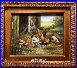 Country Chicken Hen Rooster Oil Painting on wood Artist C. Franco Country Chicken Hen Rooster Oil Painting on wood Artist C. Franco