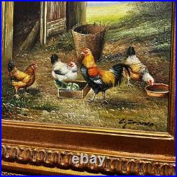 Country Chicken Hen Rooster Oil Painting on wood Artist C. Franco Country Chicken Hen Rooster Oil Painting on wood Artist C. Franco