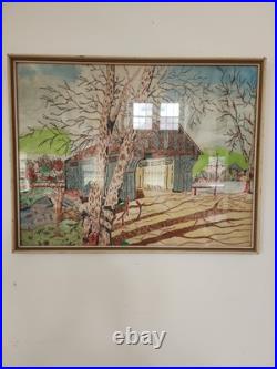 Covered Bridge Original Folk Art Painting On Felt Framed 19x 25 Pennsylvania