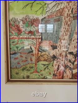Covered Bridge Original Folk Art Painting On Felt Framed 19x 25 Pennsylvania