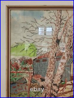 Covered Bridge Original Folk Art Painting On Felt Framed 19x 25 Pennsylvania