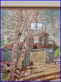 Covered Bridge Original Folk Art Painting On Felt Framed 19x 25 Pennsylvania
