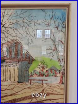 Covered Bridge Original Folk Art Painting On Felt Framed 19x 25 Pennsylvania