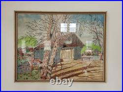 Covered Bridge Original Folk Art Painting On Felt Framed 19x 25 Pennsylvania