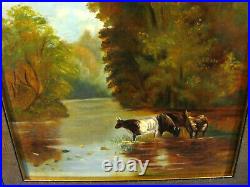 Cows Wading Into Stream Antique Folk Art Oil Painting