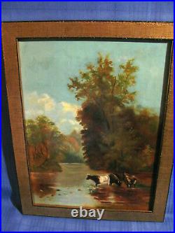 Cows Wading Into Stream Antique Folk Art Oil Painting