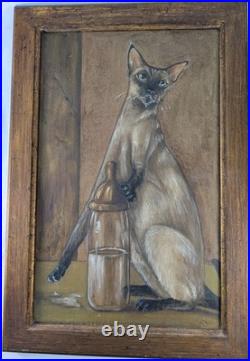 Creepy Sad Cat Painting, Cat with Bottle and Spilled Milk. Vintage & Strange