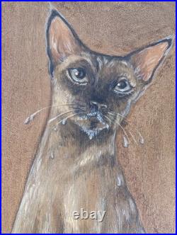 Creepy Sad Cat Painting, Cat with Bottle and Spilled Milk. Vintage & Strange