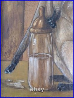 Creepy Sad Cat Painting, Cat with Bottle and Spilled Milk. Vintage & Strange