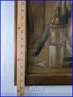 Creepy Sad Cat Painting, Cat with Bottle and Spilled Milk. Vintage & Strange