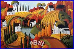 Criswell ORIGINAL folk art modern naive painting 24x36 landscape Autumn horses