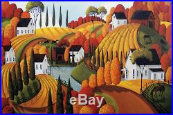 Criswell ORIGINAL folk art modern naive painting 24x36 landscape Autumn horses