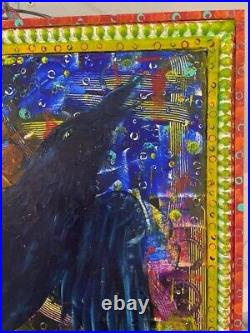 Crow sing freehand painted on reclaimed frame ooak original folk art A. Harford
