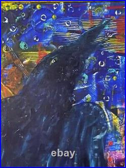 Crow sing freehand painted on reclaimed frame ooak original folk art A. Harford