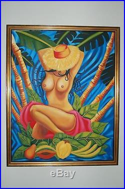 Cuba Painting Cuban Folk Art Partially Nude Woman In Cane Field WithFruits Signed