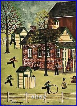 DOLORES HACKENBERGER Original Oil Painting Amish Folk Art SchoolHouse Signed EUC