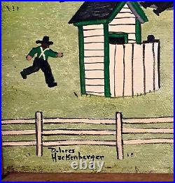 DOLORES HACKENBERGER Original Oil Painting Amish Folk Art SchoolHouse Signed EUC
