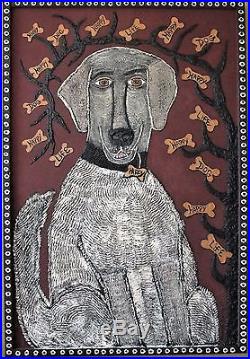Danette Sperry Primitive Southern Folk Art 2 D Mixed Media Painting Happy Dog