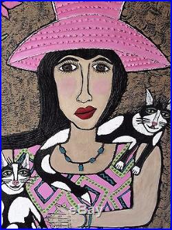 Danette Sperry Primitive Southern Folk Art 2 D Mixed Media Painting Lady withCats