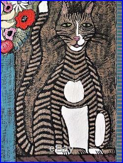Danette Sperry Southern 2 D Relief Folk Art Mixed Media Painting Tabby Cat withFlw