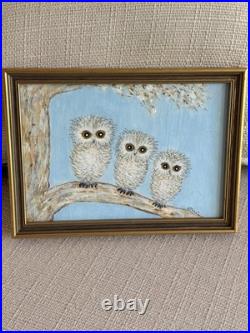 David Pease Original Owl Painting Signed Framed Folk Art Three Owls Wood dP