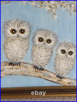 David Pease Original Owl Painting Signed Framed Folk Art Three Owls Wood dP
