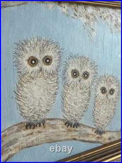 David Pease Original Owl Painting Signed Framed Folk Art Three Owls Wood dP