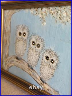 David Pease Original Owl Painting Signed Framed Folk Art Three Owls Wood dP