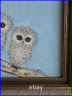 David Pease Original Owl Painting Signed Framed Folk Art Three Owls Wood dP