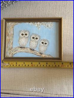 David Pease Original Owl Painting Signed Framed Folk Art Three Owls Wood dP