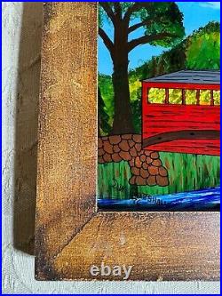 David W Gottshall (1942 2016) Folk Art Reverse Oil Foil Art Covered Bridge