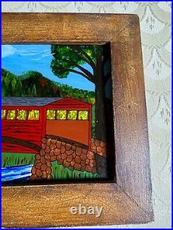 David W Gottshall (1942 2016) Folk Art Reverse Oil Foil Art Covered Bridge