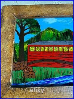 David W Gottshall (1942 2016) Folk Art Reverse Oil Foil Art Covered Bridge