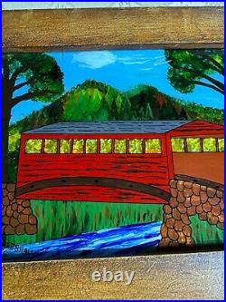 David W Gottshall (1942 2016) Folk Art Reverse Oil Foil Art Covered Bridge