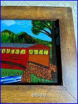 David W Gottshall (1942 2016) Folk Art Reverse Oil Foil Art Covered Bridge