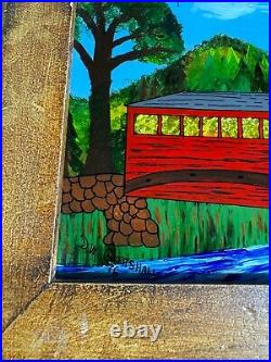 David W Gottshall (1942 2016) Folk Art Reverse Oil Foil Art Covered Bridge