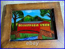 David W Gottshall (1942 2016) Folk Art Reverse Oil Foil Art Covered Bridge