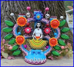 Day of the Dead Peasant Woman Candelabra Handmade & Hand Painted Mexico Folk Art