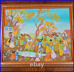 De Poela Folk Art Village Scene Acrylic Painting Signed Framed Canvas Medium