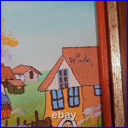 De Poela Folk Art Village Scene Acrylic Painting Signed Framed Canvas Medium