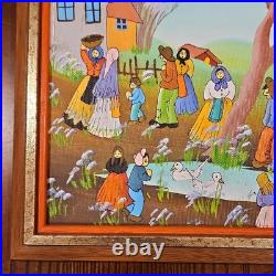 De Poela Folk Art Village Scene Acrylic Painting Signed Framed Canvas Medium