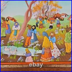 De Poela Folk Art Village Scene Acrylic Painting Signed Framed Canvas Medium