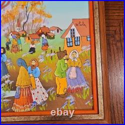 De Poela Folk Art Village Scene Acrylic Painting Signed Framed Canvas Medium