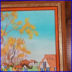 De Poela Folk Art Village Scene Acrylic Painting Signed Framed Canvas Medium