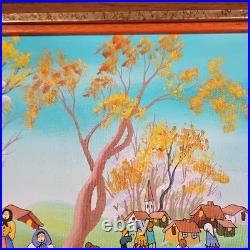 De Poela Folk Art Village Scene Acrylic Painting Signed Framed Canvas Medium