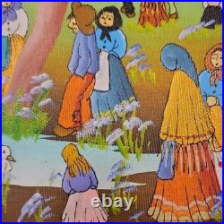 De Poela Folk Art Village Scene Acrylic Painting Signed Framed Canvas Medium