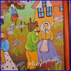 De Poela Folk Art Village Scene Acrylic Painting Signed Framed Canvas Medium