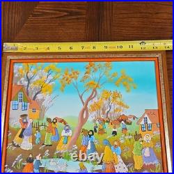 De Poela Folk Art Village Scene Acrylic Painting Signed Framed Canvas Medium