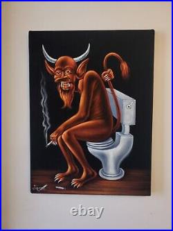 Devil on toilet smoking, Original oil painting on black velvet. Size 24x18 Devil on toilet smoking, Original oil painting on black velvet. Size 24x18