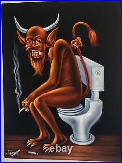 Devil on toilet smoking, Original oil painting on black velvet. Size 24x18 Devil on toilet smoking, Original oil painting on black velvet. Size 24x18